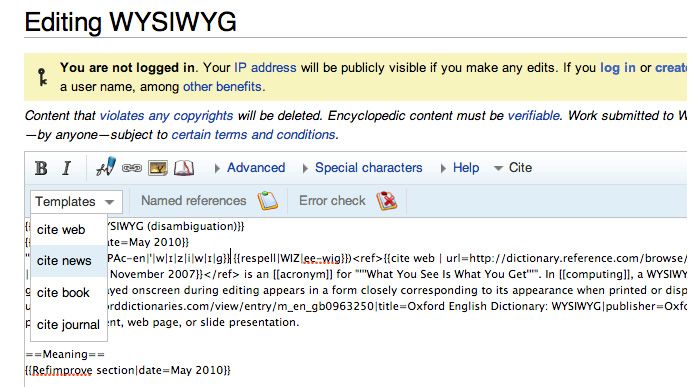 Screenshot of Wikipedia's custom rich-text editor, with assistive tools for Wiki-specific markup